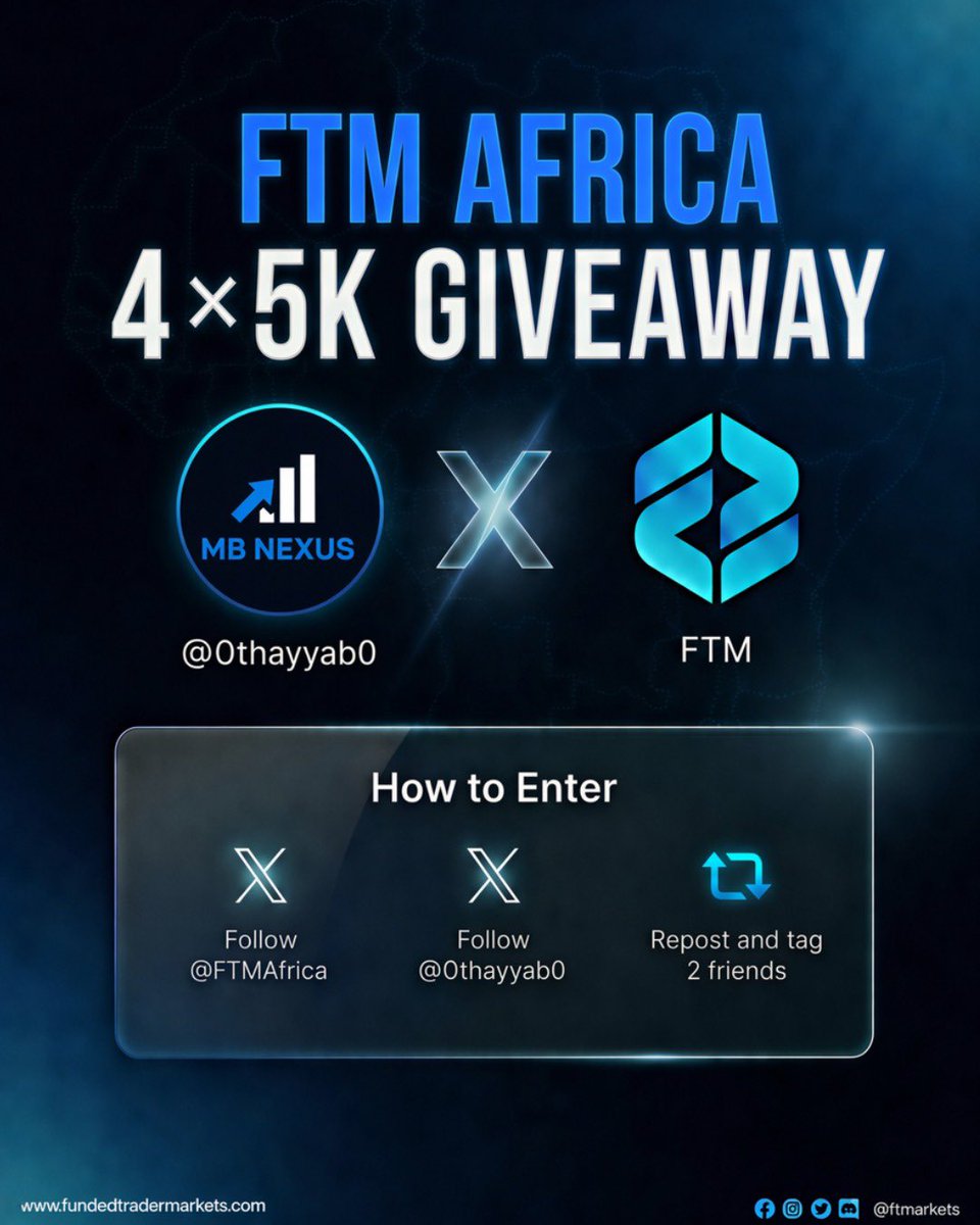 0thayyab0's tweet photo. 🎁 GIVEAWAY 🎁 
4 X $5,000

Rules:
🔵 Follow @FTMAFRICA @RZFTMARKETS 
@Ye_FTM @FTMarketslive @0thayyab0

🔵 Like and Repost

🔵 Tag 2 Friends

Winners in 4 days https://t.co/JjZPuSjlNA