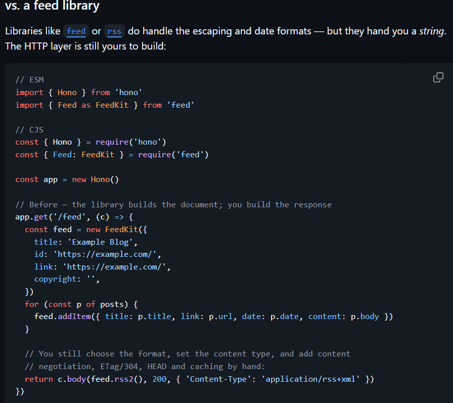 rin_montblank's tweet photo. hono-feedを作成しました
Honoで、RSS, feed系の外部ライブラリを使わずにサクッとRSS/Atom/JSON feedの配信ができます
Hono以外の依存関係なしで、Honoが動作する環境ならどこでも動作するライブラリになってます
リポジトリURLはリプに貼ります
Install: npm install hono-feed
#honojs