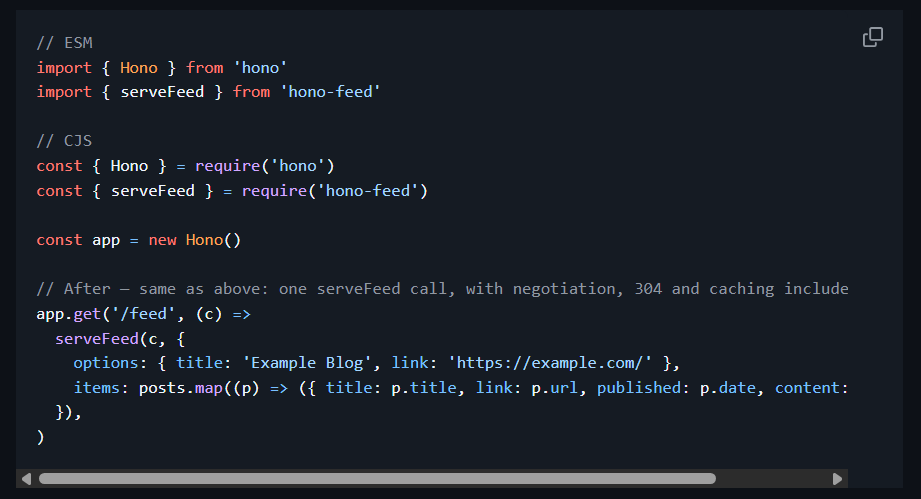 rin_montblank's tweet photo. hono-feedを作成しました
Honoで、RSS, feed系の外部ライブラリを使わずにサクッとRSS/Atom/JSON feedの配信ができます
Hono以外の依存関係なしで、Honoが動作する環境ならどこでも動作するライブラリになってます
リポジトリURLはリプに貼ります
Install: npm install hono-feed
#honojs
