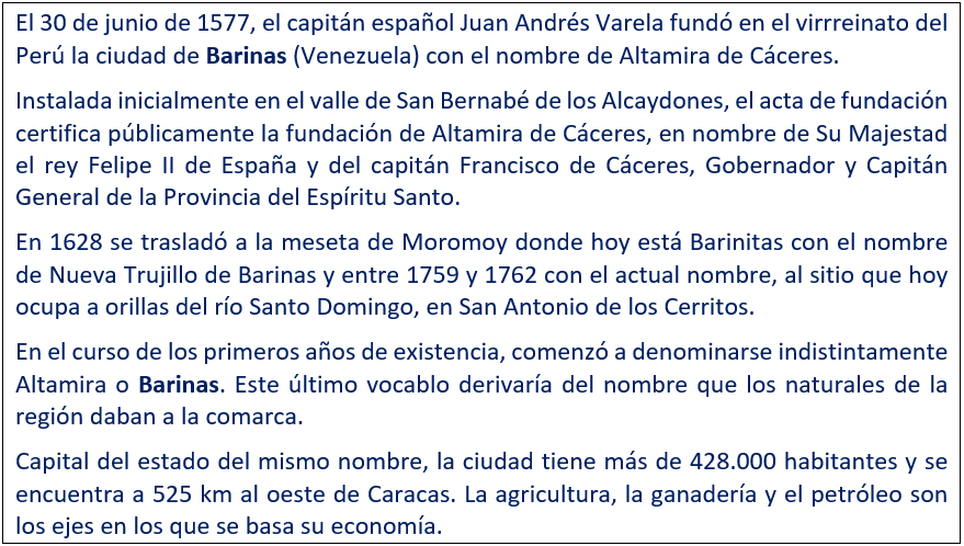 javierleoncio49's tweet photo. El 30 de junio de 1577, hoy hace 449 años, el capitán español Juan Andrés Varela fundó en el virreinato del Perú la ciudad de Barinas (Venezuela), con el nombre de Altamira de Cáceres 
@VenteBarinas,@BarinasenLente,@lanoticiadeba,@EmbaVEespana,@EmbEspVenezuela,#Barinas,#Venezuela https://t.co/82Tr0TzOZj