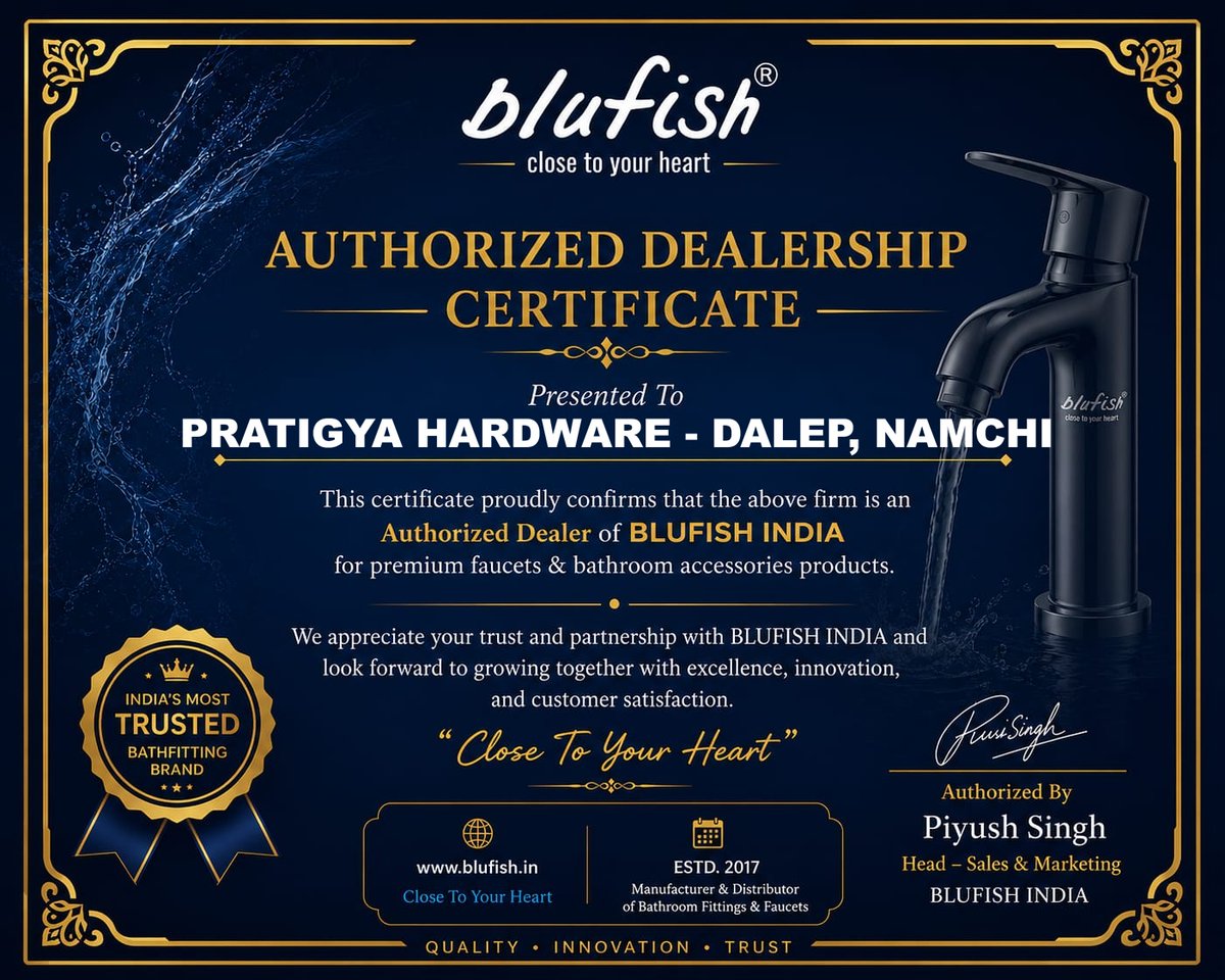 BlufishIndia's tweet photo. Congratulations! 🎊

Dear Team Pratigya Hardware
We are delighted to welcome you as an *Authorized Dealer of BLUFISH INDIA* for premium faucets &amp; bathroom accessories
Your trust means a lot to us. Looking forward to a successful partnership built on Quality, Innovation &amp; Trust https://t.co/ryjZloBUwT