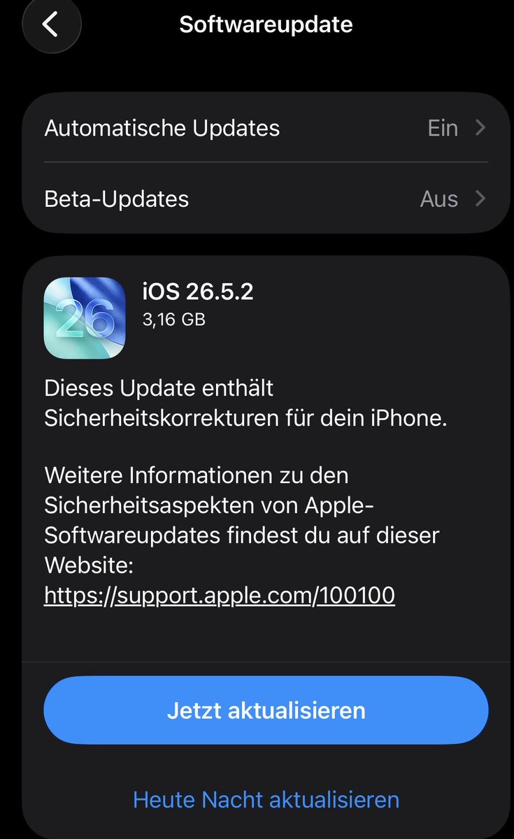 MaikHeller's tweet photo. #iOS26: iOS 26.5.2 von @Apple steht zum Download & Installation bereit ✅ Größe des Updates: 3,16 GB #apple #iOS #iOS2652 https://t.co/mjSJIlJuOO
