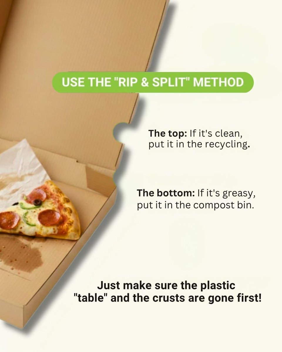 envirocare4you's tweet photo. Your pizza night can help the planet too! 🍕
Remember the Rip & Split Rule:
✅ Clean cardboard → Recycle
🌱 Greasy cardboard → Compost
Because every small action counts.
#Envirocare #EcoTips #RecycleResponsibly https://t.co/U0ypQZzKhb