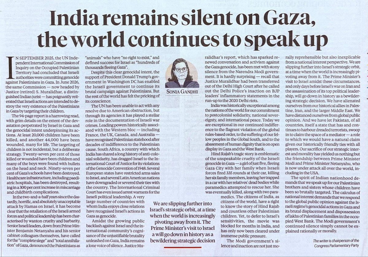 Dr_SQRIlyas's tweet photo. An eye-opener from Ms. Sonia Gandhi. Will the Modi government review its approach to Israel and raise its voice against the genocide in Gaza? https://t.co/GgE2KChG8t