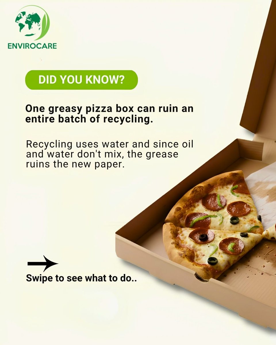 envirocare4you's tweet photo. Your pizza night can help the planet too! 🍕
Remember the Rip & Split Rule:
✅ Clean cardboard → Recycle
🌱 Greasy cardboard → Compost
Because every small action counts.
#Envirocare #EcoTips #RecycleResponsibly https://t.co/YT6AEFuIeS