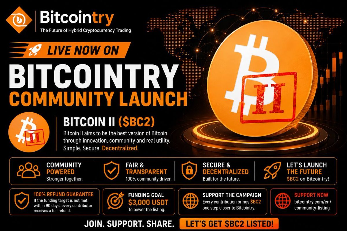 Bitcointrycom's tweet photo. 🚀 LIVE NOW on Bitcointry Community Launch!

Help bring Bitcoin II ($BC2) to Bitcointry through the power of community.

Bitcoin II @TheBitcoinIIOrg is a community-focused cryptocurrency inspired by Bitcoin's original vision while embracing innovation, decentralization, and real-world utility. Built for long-term growth, $BC2 is driven by its community and an open blockchain ecosystem.

The campaign target is $3,000 USDT, covering:

✅ Exchange Listing Integration
✅ Initial Trading Liquidity
✅ Lifetime Market-Making Service
✅ Dedicated Market-Making Account
✅ Full Technical Integration & Wallet Setup

Simply support the campaign—Bitcointry handles the rest.

🛡️ 100% Refund Guarantee: If the campaign does not reach its funding target within 90 days, every contributor receives a full refund.

🌐 Support the campaign:
https://t.co/d1nc5iqvjO

🧡 Calling on the Bitcoin II community and the wider crypto community—every contribution brings $BC2 one step closer to listing on Bitcointry.

🔁 Share this post, tag fellow BC2 supporters, and let's make this listing happen together!

Bitcointry Community Launch
Where Communities Launch the Future.

#BitcoinII #BC2 #Bitcointry #CommunityLaunch #Blockchain #Crypto #CryptoCommunity #Web3 #BTTY #Listing
