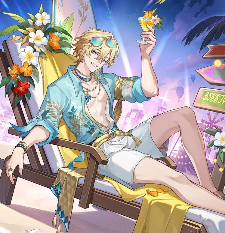 haloaeven's tweet photo. some people here are also weirded out about aventurine wearing a beach outfit &amp; worried about them making him a fan service slop whatever, i just know u weren't here when this iconic illustration dropped... like that attire is genuinely so in character for aventurine lol https://t.co/fJJ9bYJnAo