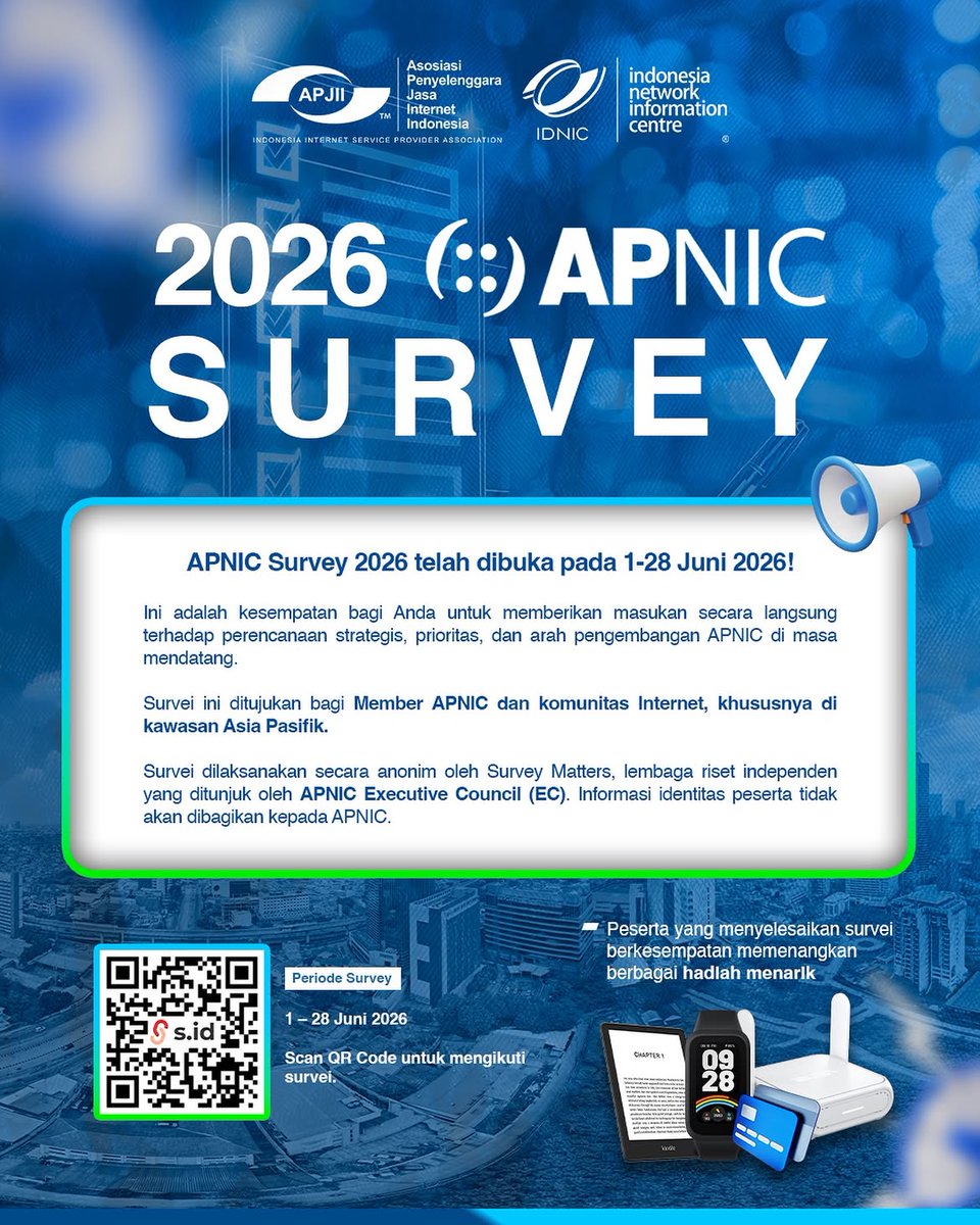 APJIIOfficial's tweet photo. 📢 APNIC Survey 2026 Telah Dibuka!

APNIC mengundang seluruh Member APNIC dan komunitas Internet di kawasan Asia Pasifik untuk berpartisipasi dalam APNIC Survey 2026 yang berlangsung pada 1–28 Juni 2026.

selengkapnya:
https://t.co/kvFa5YyfXm https://t.co/Q1bjcYwmjN