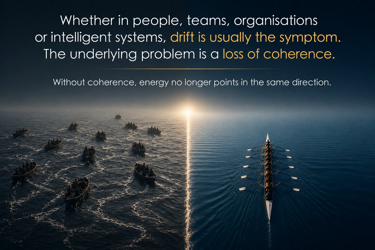 mwtinius's tweet photo. Whether in people, teams, organisations or intelligent systems, drift is usually the symptom. The underlying problem is a loss of coherence.
Without coherence, energy no longer points in the same direction. #PrincipleOfPurpose https://t.co/vdDE6GzbGJ