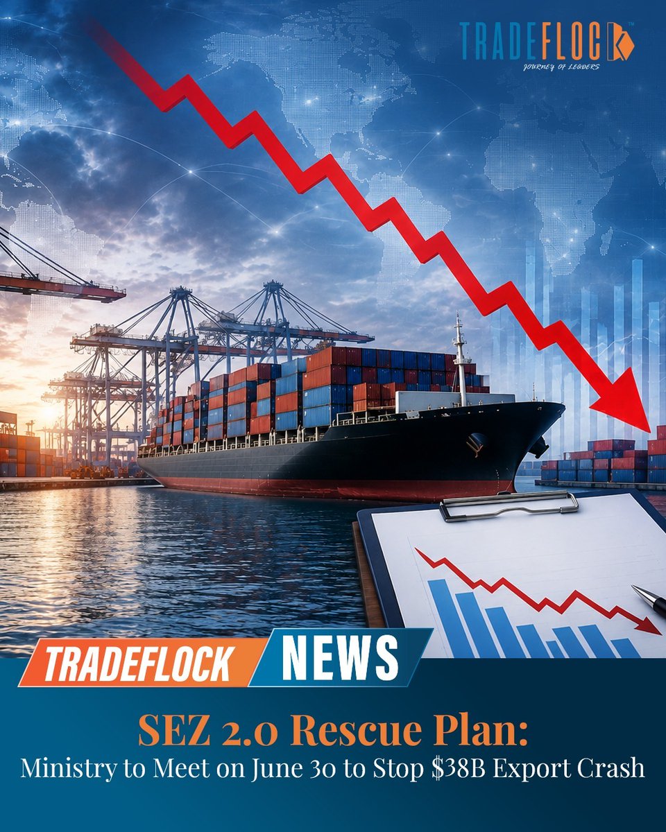 TradeFlock's tweet photo. With SEZ exports dipping to $133.45B in FY26, India's Commerce Ministry has summoned a vital stakeholder meet on June 30 to outline the new 'SEZ 2.0' roadmap.
For More Info: https://t.co/NZYiArqWZX
#TradeFlock #SEZ #SEZ2 #IndianEconomy #Exports #ExportGrowth #CommerceMinistry #MakeInIndia #GlobalTrade #EconomicGrowth #Manufacturing #BusinessNews #TradePolicy #IndiaBusiness #SupplyChain