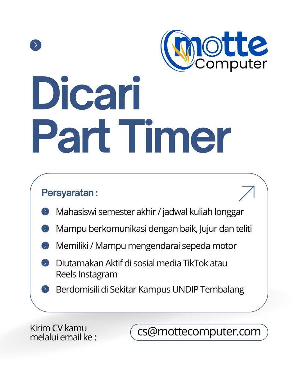 MotteComputer's tweet photo. Permisi semuanya,
mimin nyari temen buat bantu2 di toko nih.. 
- Jam kerja dari jam 9 pagi sampai jam 3 sore, libur hari jumat 
- Fee 1.2 juta / bulan

Bagi yang berminat bisa kirim cv ke email cs@mottecomputer.com yaa 😊 https://t.co/75bqkH5kpo