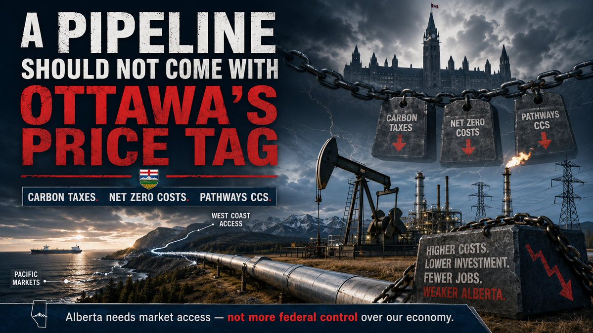 ikwilson's tweet photo. The pipeline announcement reveals the real problem.

Alberta is one of the world’s great energy producers, yet we still need Ottawa’s blessing, Ottawa’s process, Ottawa’s timelines, and Ottawa’s conditions to reach world markets.

And the cost of that “permission” is carbon taxes, Net Zero costs, and massive CCS expenses.

That is not freedom. That is control. https://t.co/70SdJ6CVcj