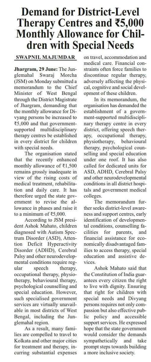 JSMOfficial_IN's tweet photo. Only the families of children with Autism and special needs truly understand the financial and emotional toll of traveling to Kolkata or other major cities and staying there for regular therapy.

Considering the immense treatment costs and current inflation, JSM has submitted a written appeal to the Hon'ble CM @SuvenduWB demanding the setup of modern Therapy Centres in government medical colleges across all districts, and an increase in the monthly disability allowance from ₹1,500 to ₹5,000.

We are hopeful for prompt and positive action on this crucial issue.
@cmowbgov

#AutismAwareness #autismsupportcommunity #JSM #WB #CM #Jhargram
