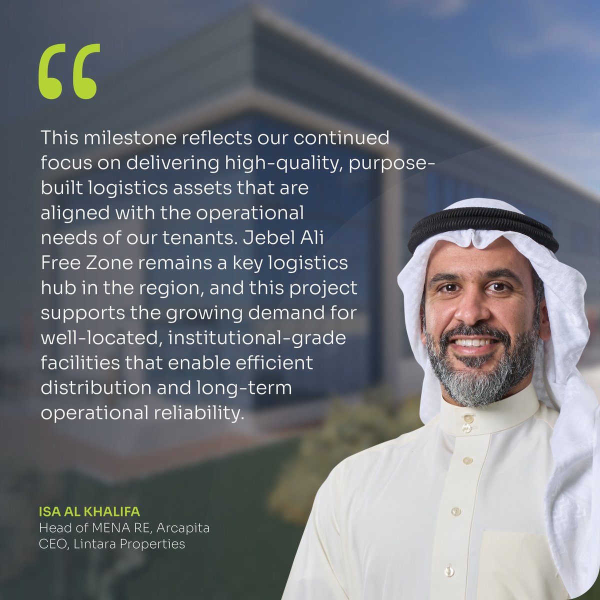 Arcapita's tweet photo. Arcapita's real estate development platform, @LintaraProp and @DPWorldUAE have officially broken ground on a new 20,000 sqm build-to-suit logistics centre in @jafzadubai.

The Grade A facility will strengthen regional supply chain capabilities through purpose-built logistics infrastructure, featuring temperature-controlled storage, dedicated dangerous goods storage, and modern warehousing specifications designed to meet evolving customer requirements.

The project reflects Arcapita's continued investment in high-quality, tenant-led industrial real estate across key regional logistics hubs, with Lintara Properties leading the development and delivery of institutional-grade logistics assets across the GCC.