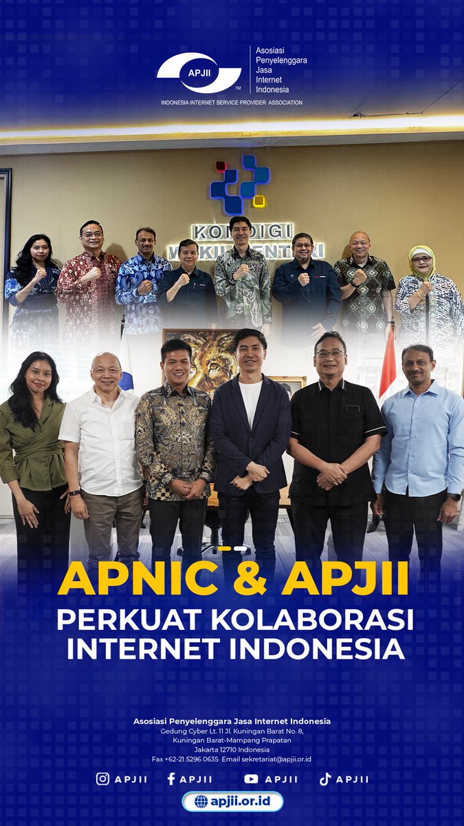 APJIIOfficial's tweet photo. APNIC melakukan kunjungan kerja ke Sekretariat APJII pada 23–24 Juni 2026 dalam rangka memperkuat kolaborasi dengan APJII serta berbagai pemangku kepentingan di Indonesia. 

selengkapnya:
https://t.co/CiehETHkmq https://t.co/XR8T4dWAyv