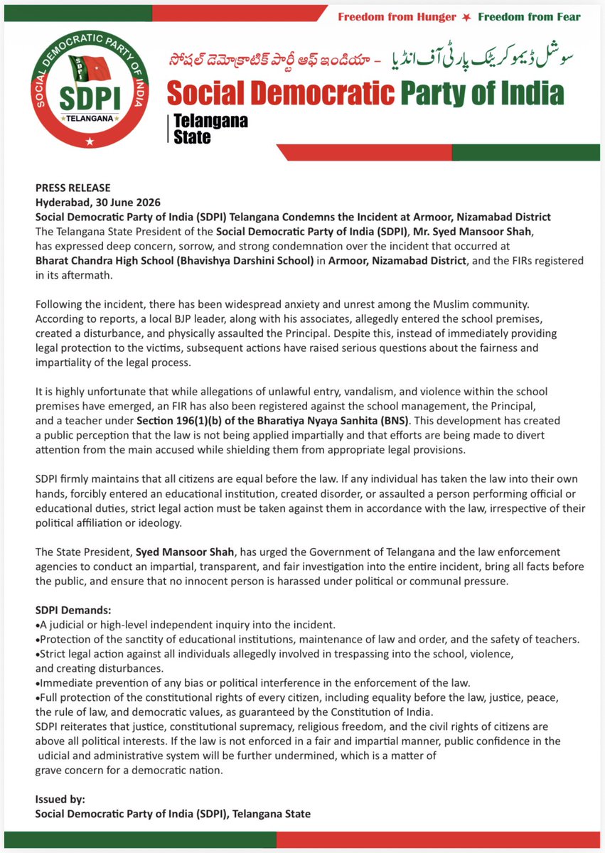 SdpiTelangana's tweet photo. #PRESS #NOTE

SDPI Expresses Deep Concern Over Armoor School Incident, Calls for Fair and Impartial Justice

#sdpitelangana #hyderabad #armoor #nizamabad https://t.co/KY4fgkRXOV