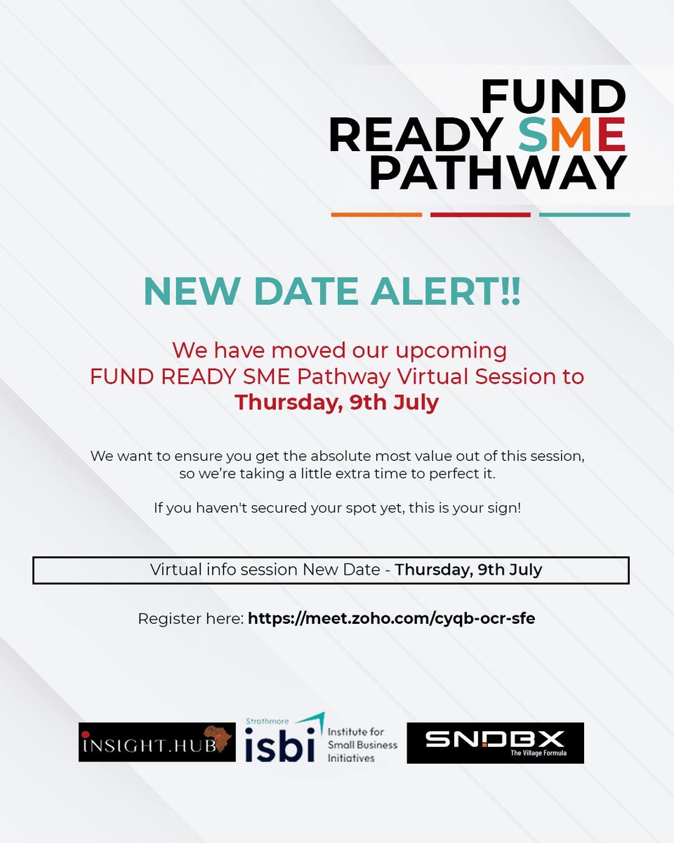 ISBIKenya's tweet photo. 🗓️NEW DATE ALERT:Fund Ready SME Pathway Virtual Session 

We are committed to delivering the absolute best value to help you scale your https://t.co/cI7XdXwWBI make this session better fit for you we have moved the upcoming virtual session to a new date

New date :Thursday 9th July 

📍👉🏾Virtual via Zoho Meet

If you haven’t secured your spot this is your sign!

Register here 👉🏾https://t.co/7T52Kgncha