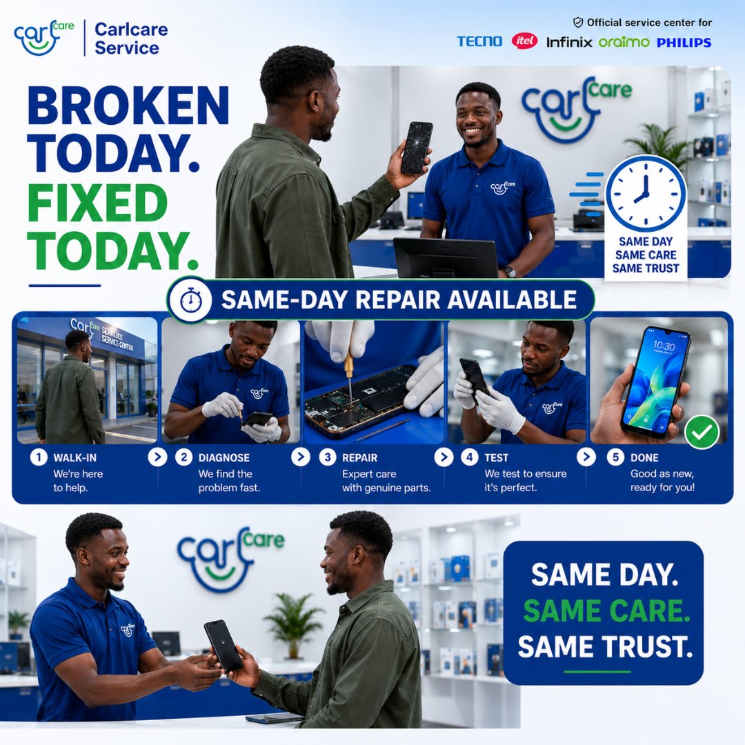 Carlcareug's tweet photo. Your phone breaks today… Does that mean you need a new one? 🤔Not always.
🔧 Expert diagnosis
⚡ Fast repairs
✅ Genuine parts
Broken today. Fixed today at Carlcare Service Center
💬 What's the longest you've ever used the same phone?
#Carlcare #PhoneRepair #RepairNotReplace https://t.co/EHehFeEYCj
