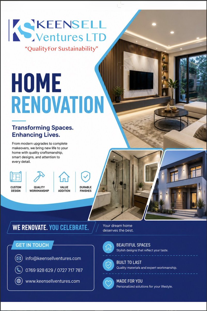 Keensell's tweet photo. Keensell Ventures LTD** transforms outdated spaces into beautiful, functional homes you'll love coming back to.
#KeensellVentures #QualityForSustainability #HomeRenovation #ModernLiving #HomeMakeover #InteriorRenovation #ConstructionExperts #DreamHome #KenyaConstruction https://t.co/NgrrEji5D6