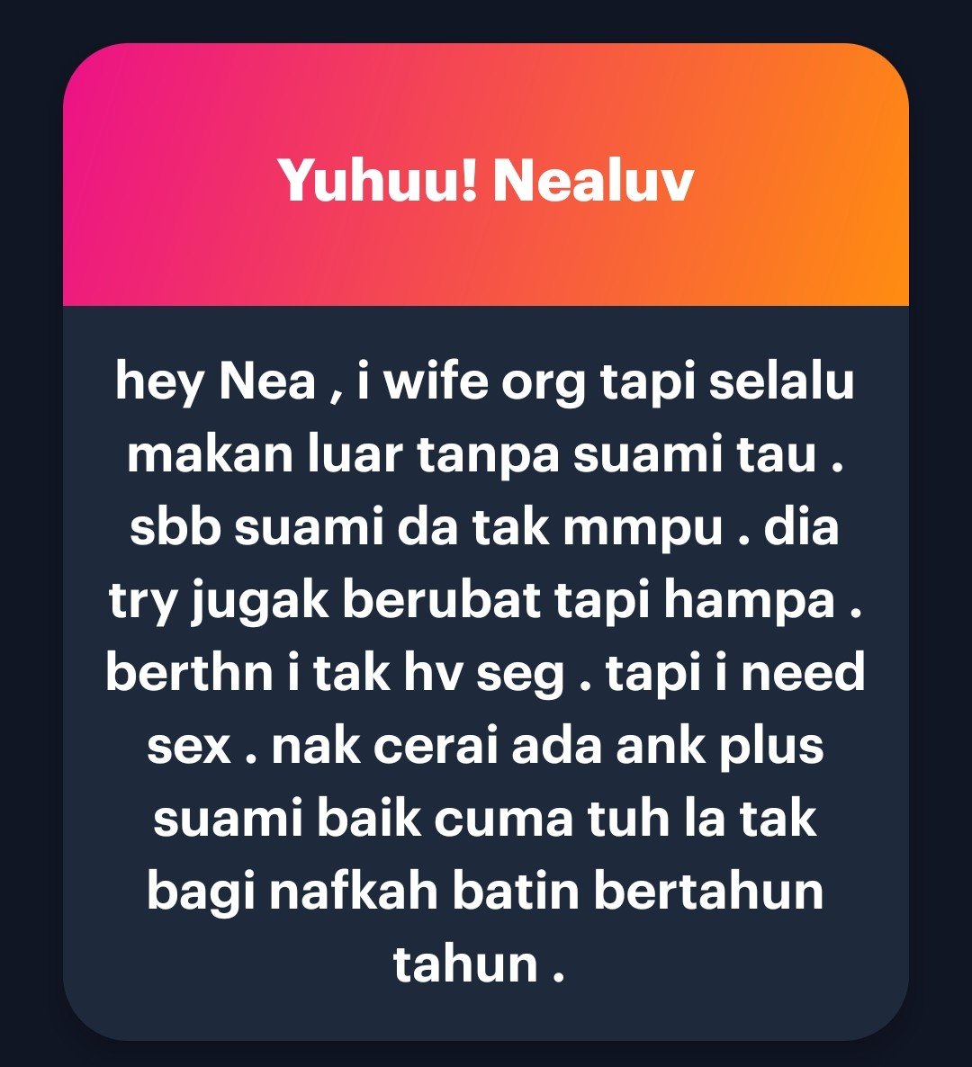 cahyamatha's tweet photo. Dah 10thn ke ED?
Arwah husband nea ED 10thn ..
Nea cari jln pleasure sama² dgn dia. 
Tak pernah terfikir langsung utk mkn luar. 
Jgn buat mcm ni sis, dosa besar. Cerai la elok² https://t.co/rTYorV7Snv