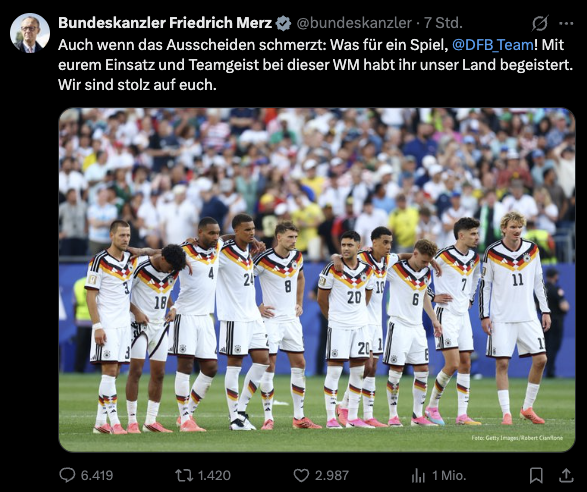 AfD's tweet photo. Wir bitten um Verständnis für den Bundeskanzler. Merz hat sich so sehr daran gewöhnt, die miserable Leistung seiner CDU schönzureden, dass er einfach nicht mehr anders kann. #WM26 #DFBTeam https://t.co/zD9XMdyMMT
