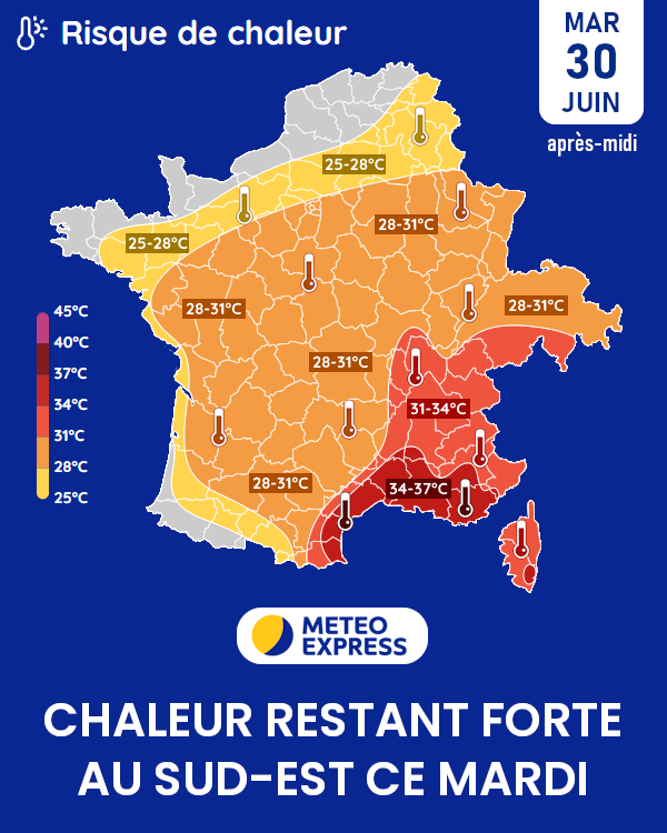 MeteoExpress's tweet photo. 🌡️ La chaleur reste forte au sud-est ce mardi avec 34 à 37°C en Méditerranée. ➡ https://t.co/3SZnwKCAD7 https://t.co/dev2DqO6Bd