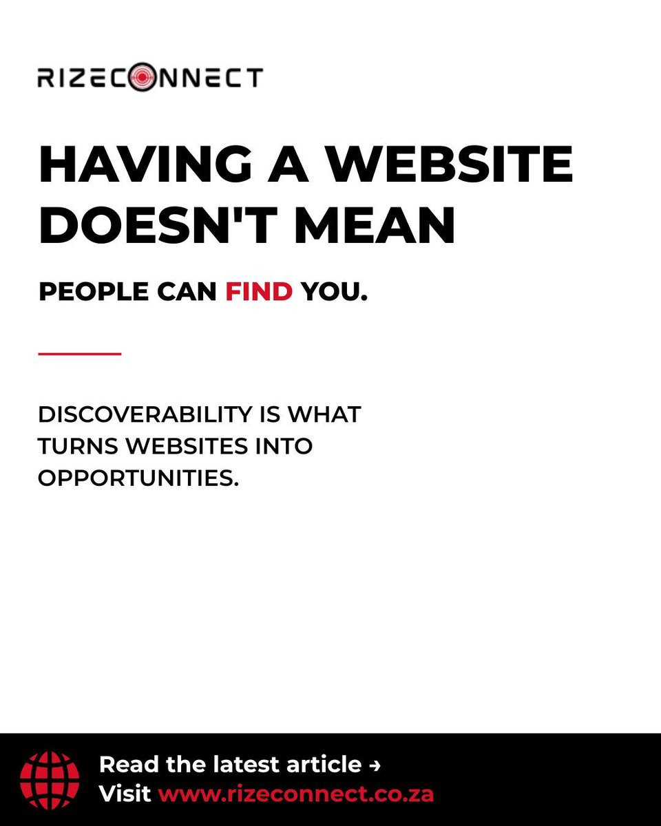 Rizeconnect_'s tweet photo. Having a website doesn't automatically mean customers can find you.

Every day, businesses invest in beautiful websites, but many receive little traffic because they're simply not discoverable.

Read our latest article:

🔗 https://t.co/936Z8QGYis 

#Rizeconnect #Discoverability https://t.co/hTSL7f8e2u