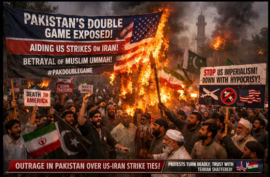 adara_khan's tweet photo. Protests erupt in Pakistan over alleged intel sharing and airspace aid to US for strikes on Iran—deaths reported in backlash, trust with Tehran shattered. Double standards severely damage their image of Muslim solidarity.#PakDoubleGame #PeaceMakerCDF https://t.co/N4D8j9jLlO
