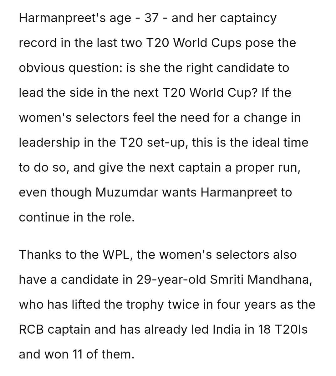 shailesh18_'s tweet photo. Rohit was sacked from captaincy immediately after winning CT, Surya not only sacked from captaincy, dropped from team too after winning t20 wc. Here, Harman getting free pass after back to back group stage exits in t20 wc, with only 3 competitive team participating. There isn't even 1% of ruthlessness in women's team selection compared to men's team.