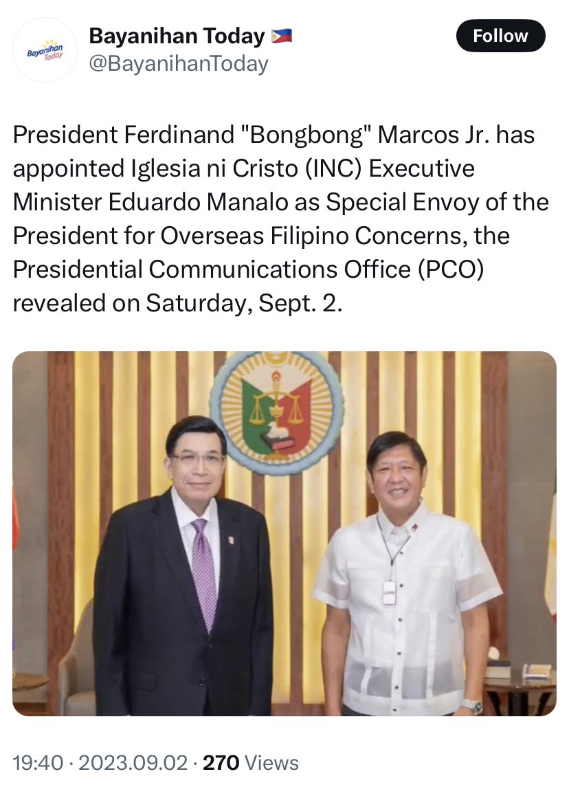 22three7eleven's tweet photo. Perhaps now is the time for Pres. Marcos Jr. to revoke the appointment of INC Exec. Min. Eduardo Manalo as Special Envoy of the President for Overseas Filipino Concerns.

Imagine, a political appointee, working against government itself? https://t.co/TAf8WEwxr2