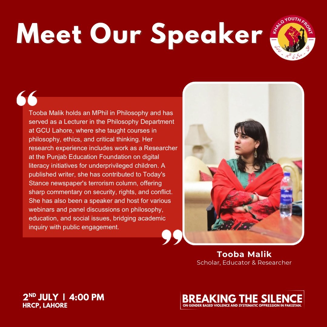 KhalqYouth's tweet photo. From the philosophy classroom to the digital literacy frontlines for underprivileged children — Tooba Malik bridges theory and practice. 🔴

Breaking the Silence | 2nd July | 4 PM | HRCP Lahore ✊

#KYF #BreakingTheSilence #InquilabZindabad https://t.co/MPU8SC7OCa