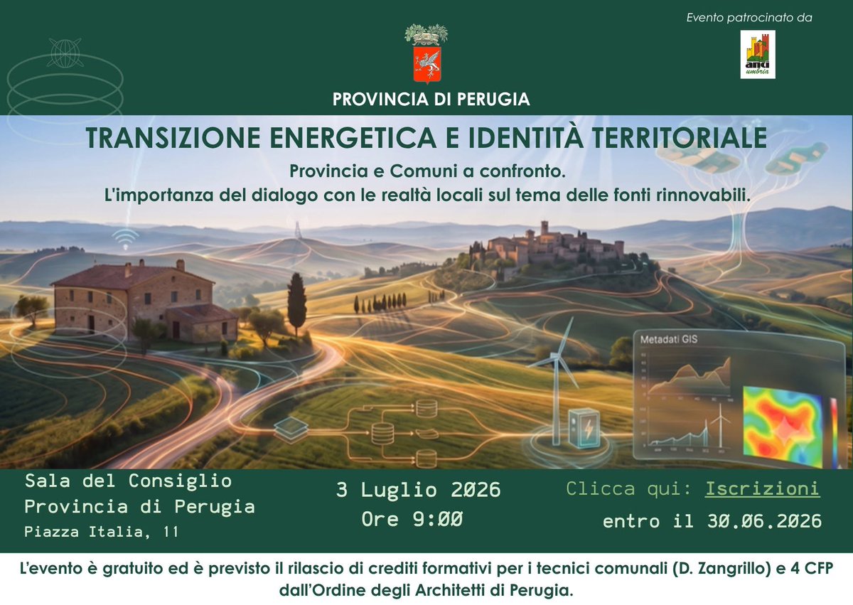 AProciv's tweet photo. 🔶Un confronto strategico per gli enti locali su come bilanciare transizione ecologica e tutela ambientale.
Per #AnciUmbria interverrà il coordinatore della Consulta Sviluppo sostenibile e cambiamenti Climatici Giovanni Rubini.
Info: https://t.co/GiHE42Ag0i https://t.co/oCNdKlojso