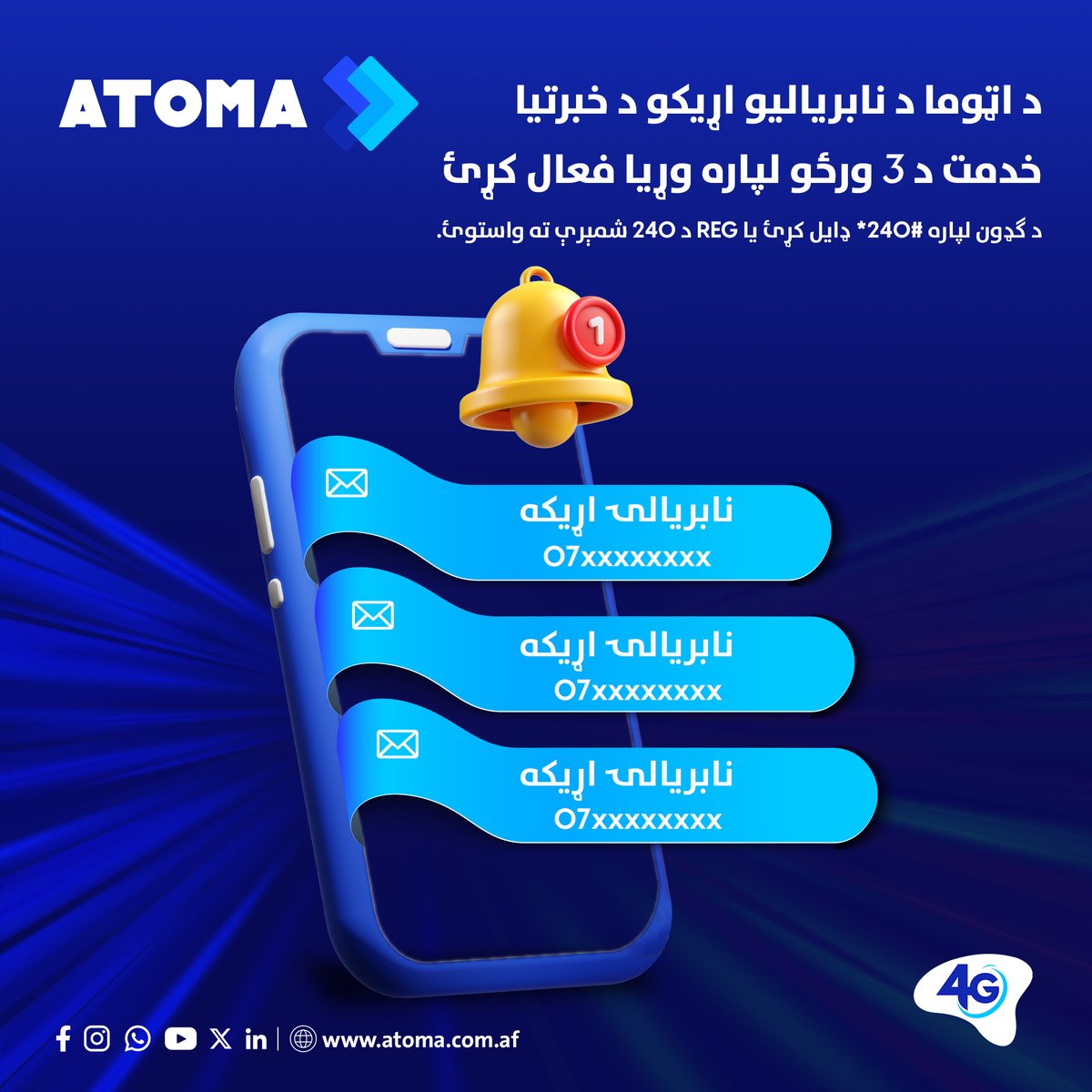 AtomaAfg's tweet photo. د اټوما د نابریالیو اړیکو د خبرتیا خدمت څخه په استفادې اوس تاسو کولای شئ د پوښښ له ساحې څخه د بهر کېدو یا د موبایل د بندېدو په صورت کې د خپلو ټولو له لاسه ورکړو اړیکو په اړه د لیکلي پیغام له لارې خبر ترلاسه کړئ.
د ګډون لپاره #240* ډایل کړئ یا REG د 240 شمېرې ته واستوئ.
#ATOMA https://t.co/KjdNbPEcx0
