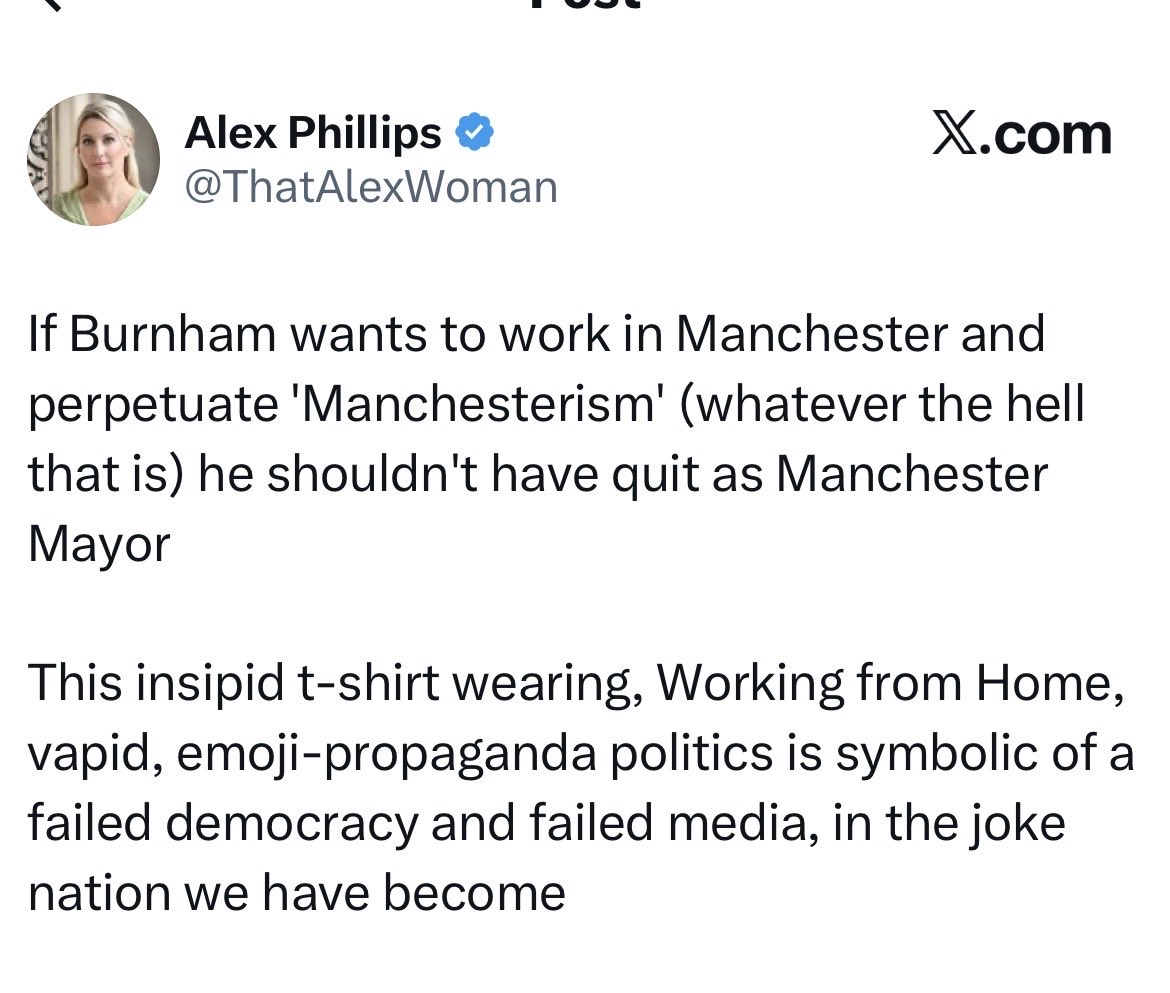 King0243_PJC's tweet photo. Alex is having a full-scale nuclear meltdown because Andy Burnham wants devolution and wore a t-shirt 😂😂😂

The t-shirt has broken her. 

A northern bloke in casual clothes daring to suggest power shouldn’t all rot in Westminster has sent her into orbit. 

This is an unhinged behaviour. Touch grass and buy a polo shirt, Alex. 

This is embarrassing even by your standards 😂😂