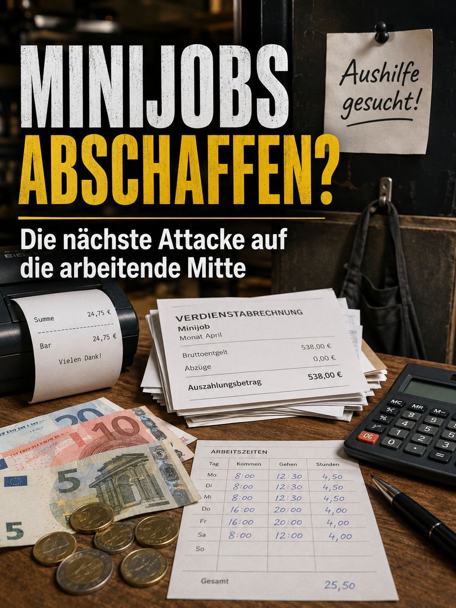 Libertas2906's tweet photo. Sie wollen wirklich den Minijob schleifen. Nicht die Bürokratie. Nicht die Abgabenlast. Nicht den aufgeblähten Staat. Nein: den kleinen Zuverdienst von Millionen Menschen.

Das ist der politische Reflex dieser Berliner Apparate: Wenn ein System kracht, wird nicht gefragt, warum es kracht. Dann wird geschaut, wo noch ein paar Bürger stehen, die man zur Kasse bitten kann.

Fast sieben Millionen Menschen arbeiten im Minijob. Rentner, Studenten, Mütter, Menschen mit kleinem Einkommen, Leute, die sich nebenbei etwas dazuverdienen, weil das Leben in diesem Land längst viel zu teuer geworden ist. Und jetzt sollen ausgerechnet diese Menschen plötzlich stärker belastet werden. Als wäre der Bürger ein wandelnder Ersatzkanister für eine kaputte Rentenpolitik.

Johannes Winkel nennt das offenbar Reform. Ich nenne es ein Armutsprogramm mit Parteibuch. Wer arbeitet, soll weniger Netto behalten. Wer sich nicht hängen lässt, wird bestraft. Wer im Supermarkt Regale einräumt, im Restaurant aushilft, im Privathaushalt putzt oder sich zur Rente ein paar Euro dazuverdient, bekommt vom Staat die nächste Rechnung präsentiert.

Und dann wird das Ganze auch noch als Kampf gegen Altersarmut verkauft. Für wie dumm hält man die Menschen eigentlich? Altersarmut bekämpft man nicht, indem man den Leuten heute das Geld aus der Tasche zieht. Altersarmut bekämpft man, indem Arbeit sich lohnt, Leistung belohnt wird und der Staat endlich aufhört, jeden freien Euro zu verfrühstücken.

Söder hat hier ausnahmsweise recht: Wer Minijobs kaputtmacht, richtet Schaden an. Für Arbeitnehmer. Für kleine Betriebe. Für Gastronomie, Handel, Pflege, Privathaushalte. Für alle, die auf flexible Arbeit angewiesen sind.

Diese Union wollte angeblich die arbeitende Mitte entlasten. Jetzt verteidigt ihr Nachwuchs die nächste Abgabenschraube. Das ist kein Aufbruch. Das ist die alte Merkel-CDU mit jungem Gesicht und kalter Hand in der Tasche der Bürger.

Wer den Minijob abschafft, trifft nicht die Reichen. Er trifft die Fleißigen ganz unten.

https://t.co/EWdgv79ktv