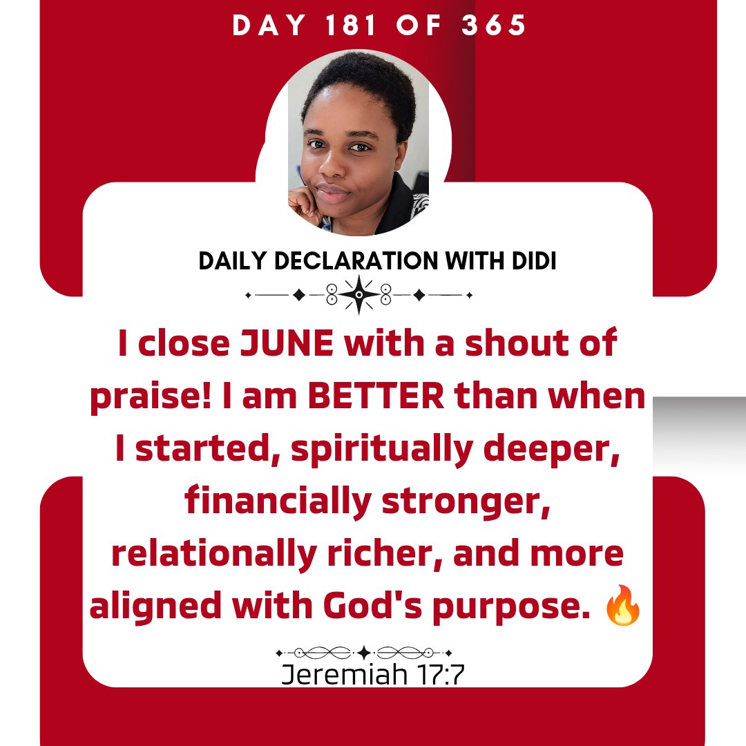 edidiongotong01's tweet photo. Amen and Amen!! ππ₯
JUNE was a GOOD month for me, and I seal it with thanksgiving! πβ€οΈ
As I step into JULY, I walk in God's perfect will, perfect peace, perfect health, and perfect favour in Jesus' name.β¨
#Didi #Jesusbaby #DailyDeclaration https://t.co/ndNQYgccbc