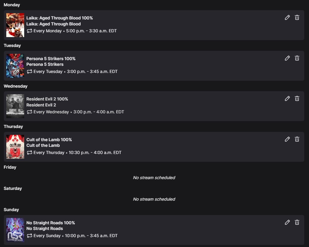 RynNightingale's tweet photo. So a official Schedule has been made for our current games. There will be NO new games that will be coming out, until all the games have been completed.
This is due to me having so many games, which can result in issues like audio, visuals and other matters.
See you soon for P5:S https://t.co/lYI4EtEWQU