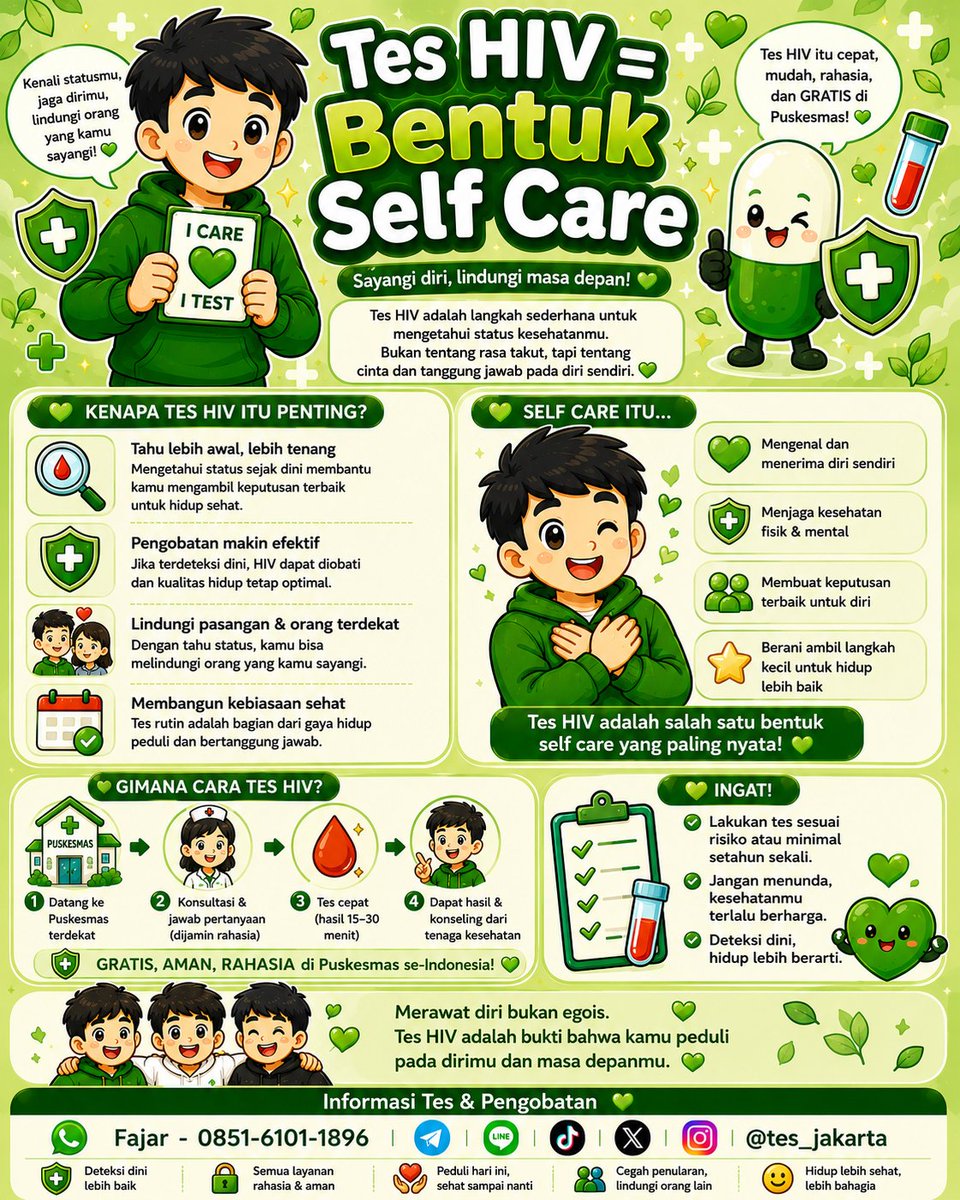 Tes_Jakarta's tweet photo. Info Tes Gratis Jakarta
Tes HIV
Tes IMS
- Sifilis
- Gonore
- Kutil Kelamin & Anus
Akses PrEP (obat perlindungan dari HIV)
Hubungi
https://t.co/0ZaIz3C6gx
Telegram https://t.co/cHjgJYVkXM
#tesgratis #hiv #gonore #sifilis #teshiv #teshivgratis #teshivjakarta #prep #prepgratis https://t.co/D946oA9uOd