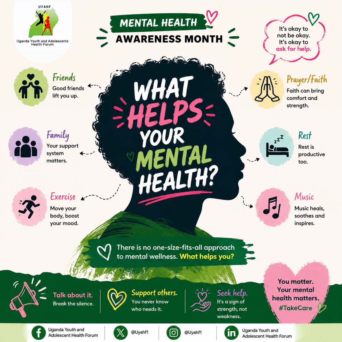 uyahf1's tweet photo. Good mental health helps us learn, work, build relationships, and support those around us.
Looking after your mental wellbeing doesn't always require big changes. Sometimes, it's talking to someone you trust, taking a break, exercising, spending time with loved ones, or asking for help when you need it.
Let's create communities where conversations about mental health are welcomed, support is available, and no one feels alone.
Together, we can break the stigma and promote mental well-being for all.
#mentalHealthAwareness #YouthLead #HealthForAll #Inclusiveness