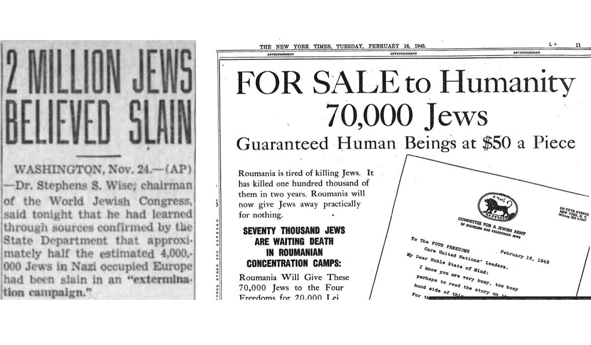 CptAllenHistory's tweet photo. The Washington Post buried “Two Million Jews Slain” on page 6.

On November 25, 1942 — while the Nazis were systematically murdering thousands of Jews every single day — major American newspapers treated the greatest crime in history like a minor footnote.

A 32-year-old Palestinian Jew named Peter Bergson saw it and was furious.

Instead of waiting for polite diplomacy, he and his small group immediately shifted focus to an all-out rescue mission.

They launched one of the most shocking ad campaigns in American history:

“FOR SALE TO HUMANITY: 70,000 JEWS — GUARANTEED HUMAN BEINGS AT $50 A PIECE.”

(The Romanian government had offered to release the Jews if the Allies covered basic transport costs. It was thought to be around $50 per person — it turned out to be even less: just $8.50 to save an innocent man, woman, or child.)

The “Bergson Boys” demanded immediate Allied action while there was still time.

The established American Jewish leadership was horrified. They preferred quiet lobbying and “responsible” channels — and feared looking too loud, too pushy, or too Jewish.

While the gas chambers ran at full capacity and the Bermuda Conference produced nothing but empty words, Bergson’s aggressive campaign helped force Roosevelt’s hand and contributed to the creation of the War Refugee Board in 1944.

In humanity’s darkest hour, some Jews chose to scream — and history remembers them.