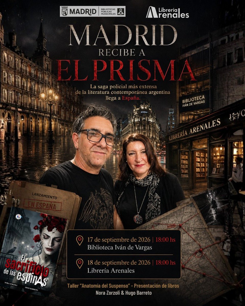 norayhugolibros's tweet photo. 🇪🇸 ¡EL MISTERIO LLEGA A ESPAÑA! 🕵️♂️🖤la saga policial más extensa de la #literatura contemporánea argentina, junto al esperado lanzamiento de El sacrificio de las espinas. ¡Nos vemos muy pronto! 📚✨
#Madrid #España #BuenMartes #Thriller #Literatura #Libros #Autores #Escritores https://t.co/jwh84yBapY