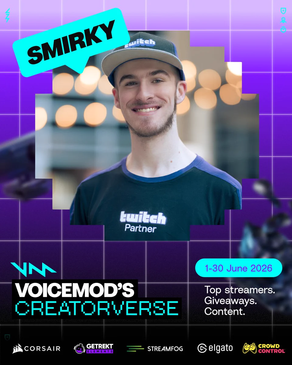 A promotional graphic ft. Smirky, who is participating in Voicemod's CreatorVerse during June 2026. Top streamers, Giveaway, and Content!

Enter The Giveaway Here: https://gleam.io/Qgg3D/creatorverse