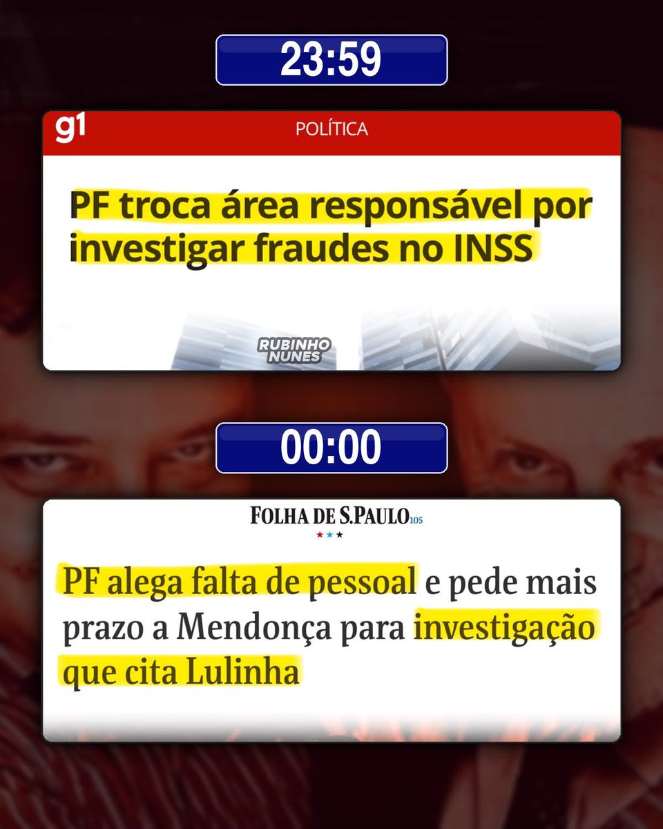 RubinhoNunes's tweet photo. 23:59: PF troca responsável por investigação de fraude no INSS

00:00: PF alega falta de pessoal para a investigação que cita Lulinha 🤡 https://t.co/weK346MBp8
