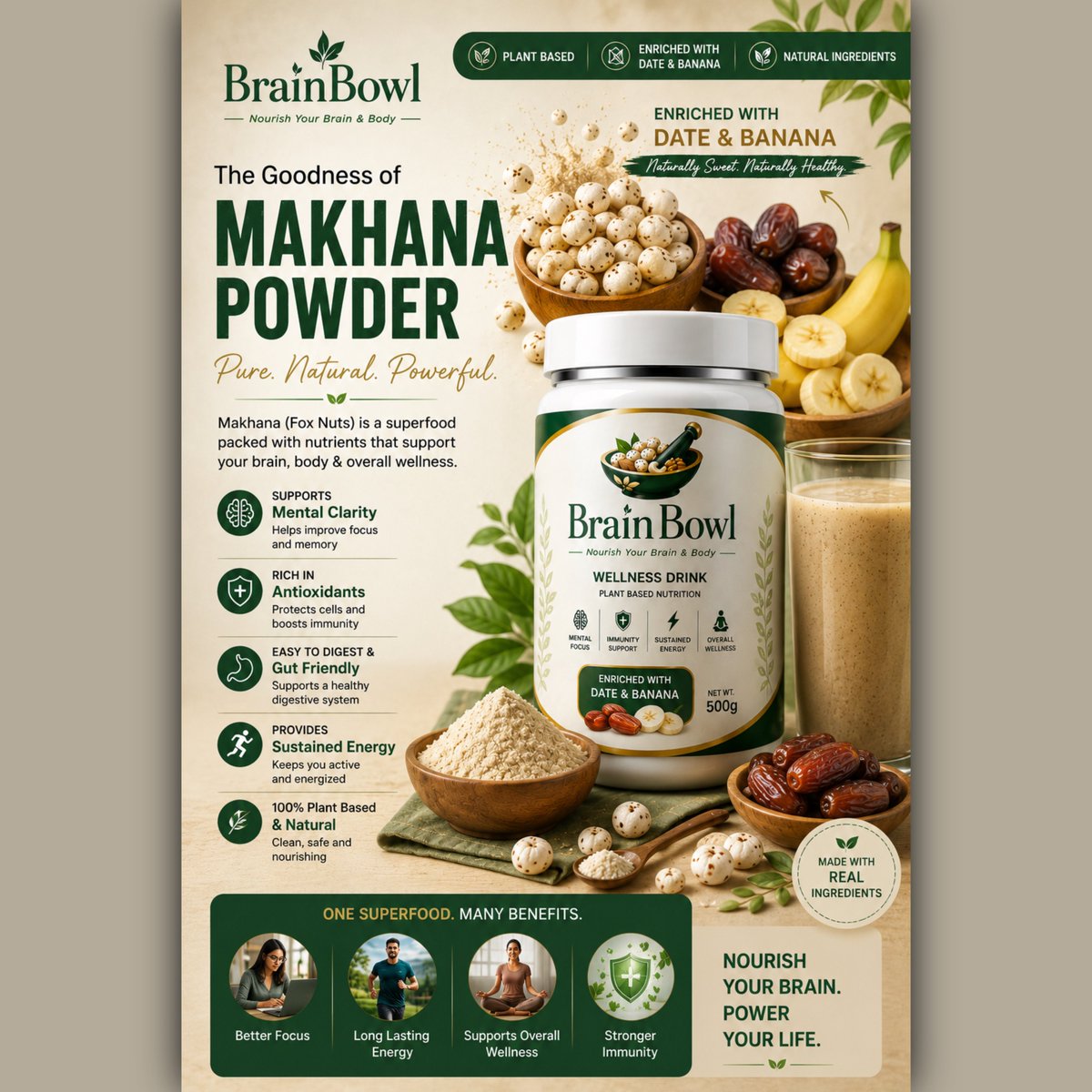 BrainBowl_'s tweet photo. “Shuruaat hoti hai sahi ingredient se 💚”
Introducing [Makhana Powder] — natural, powerful &amp; healthy.

Dates 🍯 aur banana 🍌 ke saath — no added sugar, sirf real goodness!
#healthylifestyle #cleaneating #wellnessbrand #brainbowl https://t.co/03nXLauJut