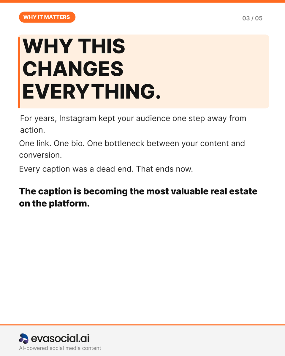 EvaSocialAI's tweet photo. "Link in bio" is dying. 

Most brands will find out too late.

Instagram is putting clickable links directly in captions, the most-requested feature in its history. The caption just became the most valuable real estate on the platform.

Here's what's changing and how to be ready before the gates open 👇