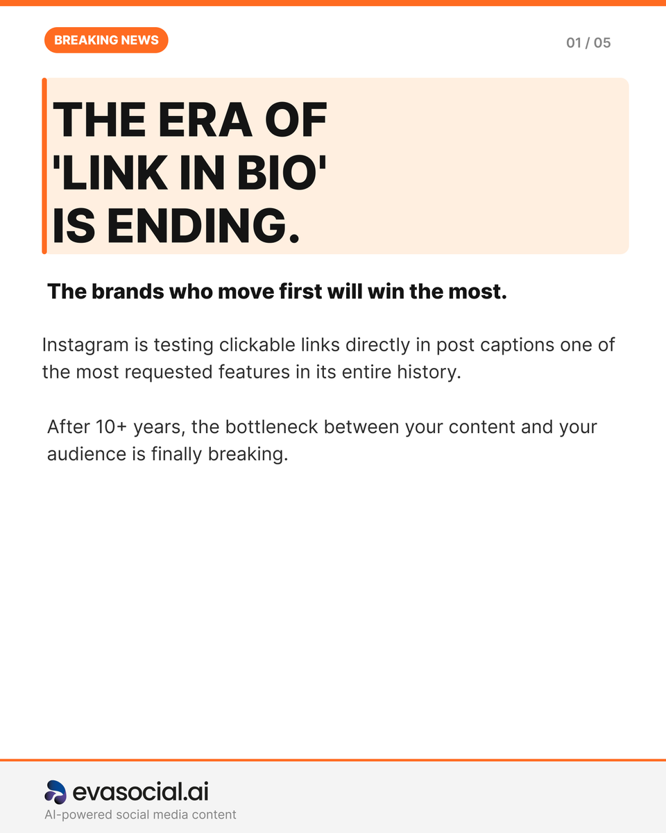 EvaSocialAI's tweet photo. "Link in bio" is dying. 

Most brands will find out too late.

Instagram is putting clickable links directly in captions, the most-requested feature in its history. The caption just became the most valuable real estate on the platform.

Here's what's changing and how to be ready before the gates open 👇
