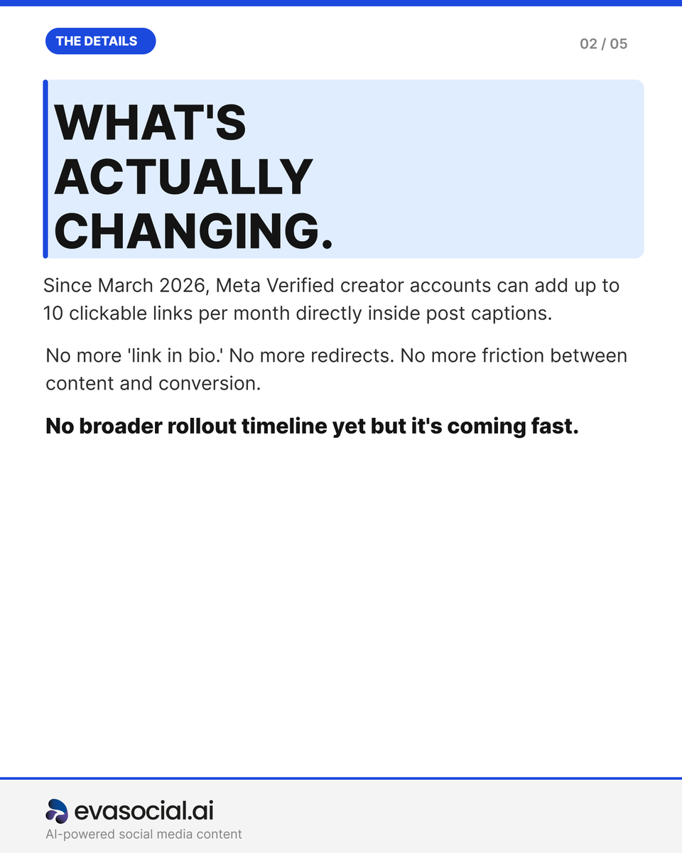 EvaSocialAI's tweet photo. "Link in bio" is dying. 

Most brands will find out too late.

Instagram is putting clickable links directly in captions, the most-requested feature in its history. The caption just became the most valuable real estate on the platform.

Here's what's changing and how to be ready before the gates open 👇