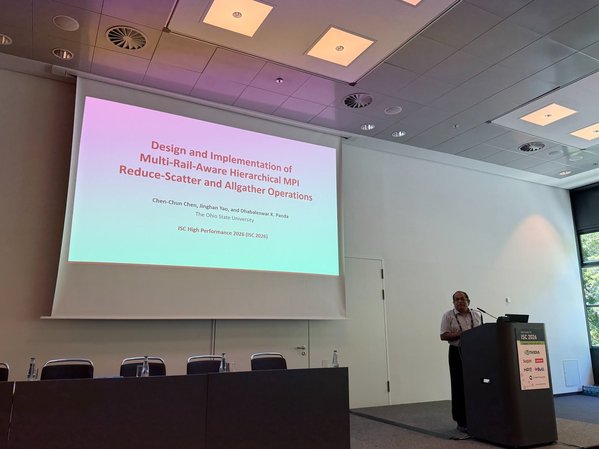 mvapich's tweet photo. Following up from #ISC26 last week, we have @mvapich head, Dr. DK Panda, presenting one of two papers from our group focusing on utilizing the full power of the network and @nvidia and @AMD #GPUs in modern clusters - in particular, we focus on #MPI Reduce-Scatter and Allgather!! https://t.co/LoIyHEiWbb
