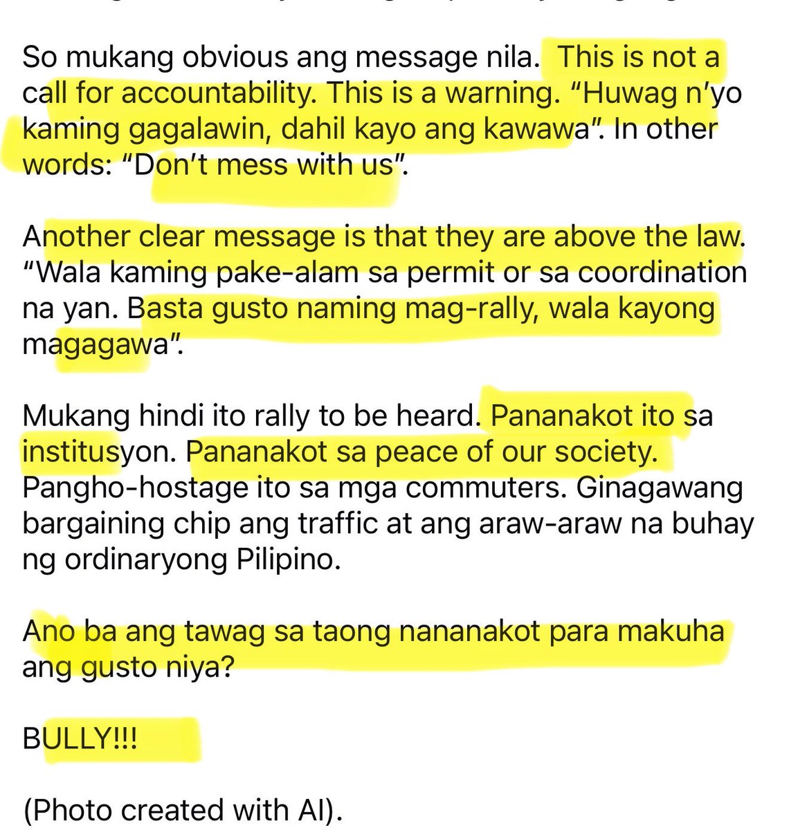 nabunturanguy's tweet photo. Maganda ang explanation ni Atty Ybañez about what THE CULT is trying to tell all of us:  (1) “This (the rally) is not a call for accountability, but a WARNING!”  (2) Huwag niyo kaming galawin, kung hindi, guguluhin namin kayo.  (3) In effect, INC is saying that “THEY ARE ABOVE THE LAW.” “Basta gusto naming mag-rally, wala kayong magagawa.” (4) “Pananakot ito sa institusyon. Pananakot sa peace of our society.  (5) In effect, this is plain and simple “BULLYING” from THE CULT!