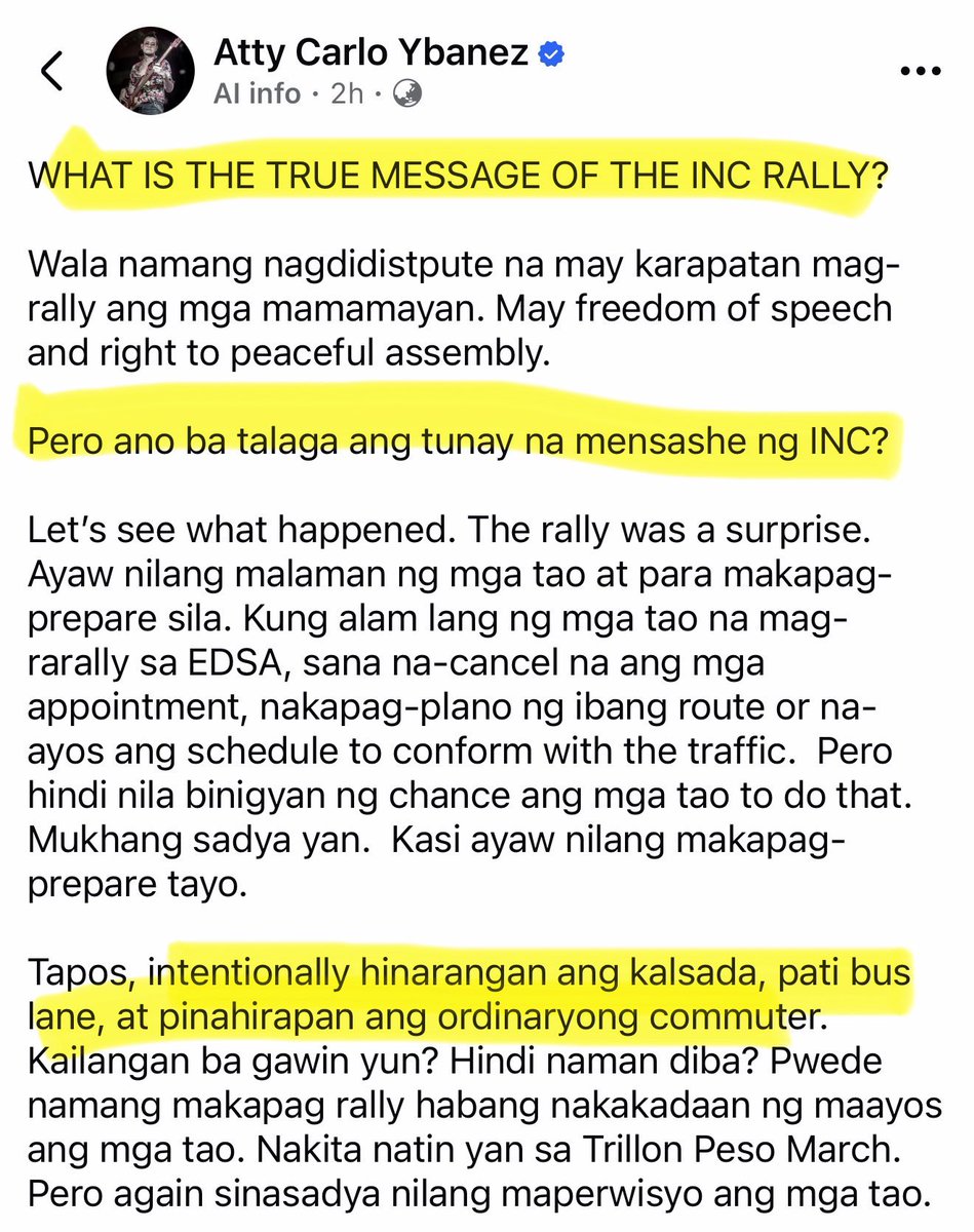 nabunturanguy's tweet photo. Maganda ang explanation ni Atty Ybañez about what THE CULT is trying to tell all of us:  (1) “This (the rally) is not a call for accountability, but a WARNING!”  (2) Huwag niyo kaming galawin, kung hindi, guguluhin namin kayo.  (3) In effect, INC is saying that “THEY ARE ABOVE THE LAW.” “Basta gusto naming mag-rally, wala kayong magagawa.” (4) “Pananakot ito sa institusyon. Pananakot sa peace of our society.  (5) In effect, this is plain and simple “BULLYING” from THE CULT!